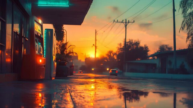 lonely nostalgia vibes scene of small town city street with a small grocery shop with few machine vender at front door 