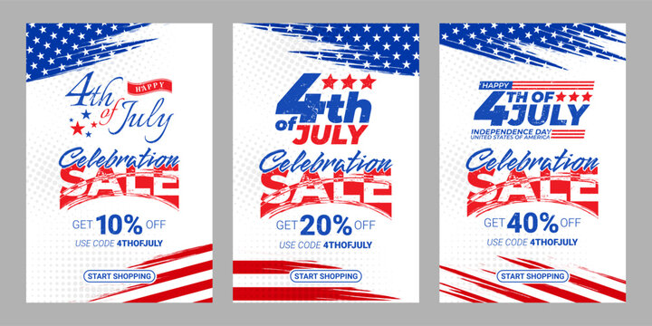 Brochure Happy 4th of July Sale template, set of abstract backgrounds waving USA flag background, fourth july sale, banner, posters, cover design templates, social media, flyer