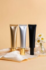Elegant cosmetic tubes on beige background