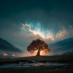Brightly lit tree stands by a stream under a dramatic starry sky with lightning, surrounded by misty mountains and a glowing village in the distance.