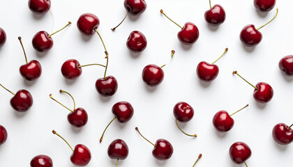 Seamless Cherry Pattern Background with Fresh Red Cherries and Green Stems – Cute Fruit Design for Fabric, Wallpaper, and Packaging

