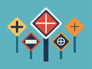 Collection of Colorful Road Signs Illustrating Directions and Restrictions.
