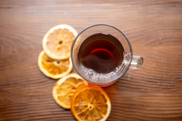 rooibos tea in glass cup close up
