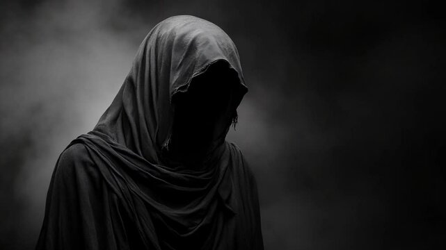 mysterious suspicious person in ancient black robe surround with smoke