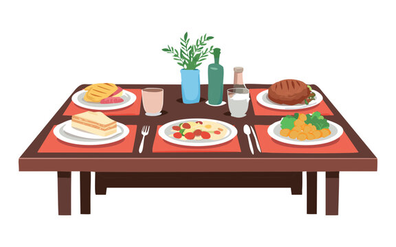 Full Table with Main Dishes and Drinks - Vector Illustration