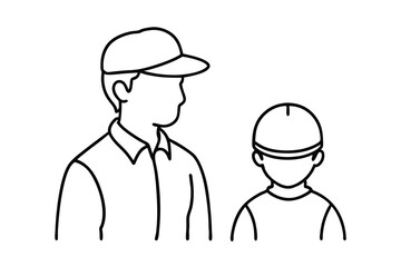 Line art illustration of a man and boy wearing hats