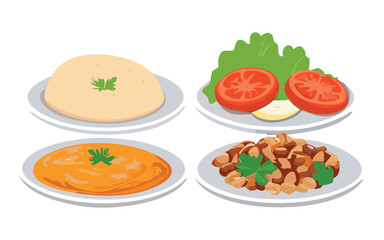 Variety of Prepared Dishes on Plates - Vector Illustration