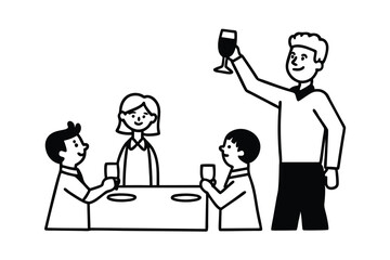 Happy family dinner line art illustration