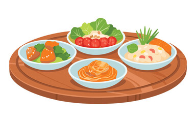 Set of Pasta Dish with Salad Sides - Vector Illustration