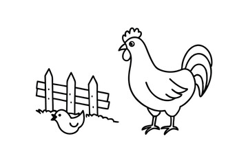 Line art rooster hen chick farm fence simple illustration