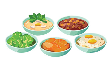 Set of Variety of Bowls of Food - Vector Illustration