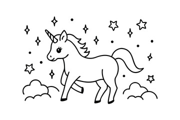 Cute line art unicorn in clouds with stars