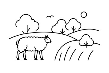 Line art sheep in rolling hills pastoral scene