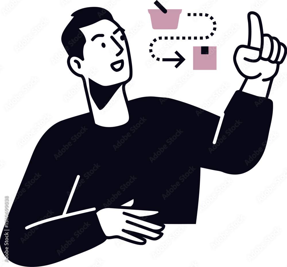 Poster illustration of man pointing at sticky notes for planning brainstorming and project management conce