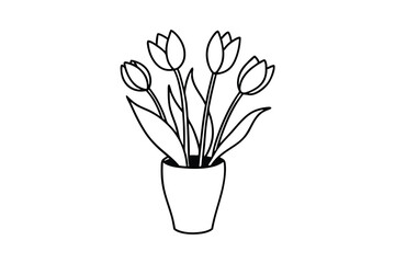 Simple line art drawing of tulips in a pot