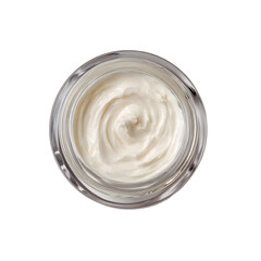 Swirled Cream in Glass Container: A top-down shot of a jar filled with thick, creamy substance, ready to use.