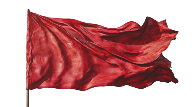 Maroon flag flying on iron pole, isolated on transparent background. PNG