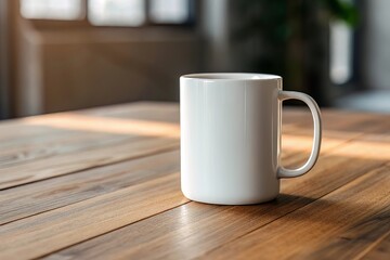 Simple White Mug on Wooden Table in Morning Sunlight Casting Warm Shadows Across a Serene, Minimalist Scene.