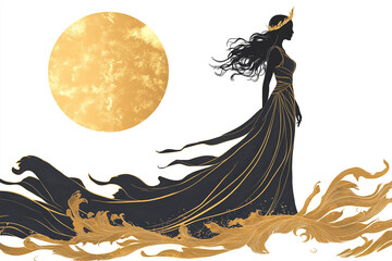 A Greek goddess with flowing robes and a golden crown silhouette