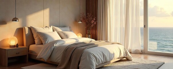 Serene bedroom designed for ultimate relaxation and wellbeing Soft lighting, calming colors, and comfortable textiles create a sanctuary for peaceful sleep and rejuvenation , soft, relaxation, design