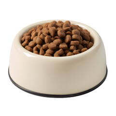 A pet's beige bowl filled to the brim with nutritious brown kibble, ready to feed your four-legged friend.