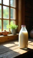 A carton of milk sits on a rustic wooden table, sunlight streaming in from a nearby window The scene is peaceful and evokes feelings of simple country living , nature, rustic