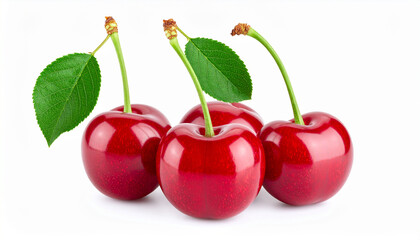Fresh Cherry with Leaves Isolated on White Background