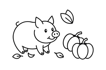 Cute cartoon pig with pumpkins autumn line art