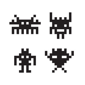 Minimalist Pixelated Alien Character Collection Icon Set in Retro Style