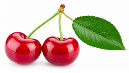 Fresh Cherry with Leaves Isolated on White Background