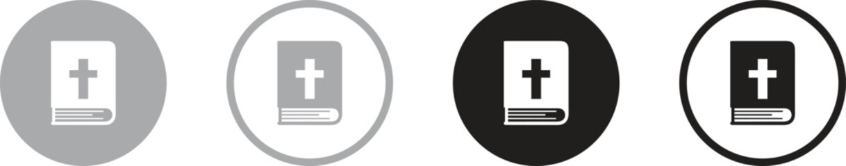 Bible books in cartoon style. Vector illustration of Holy Scripture open and closed book with red bookmark and cross