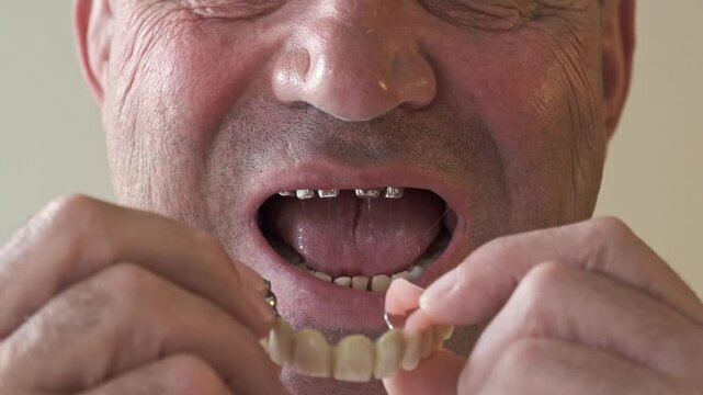 A man removes and installs new dentures on metal crowns and smiles. Telescopic dentures, new technologies. Close-up. Dentistry and prosthetics concept.