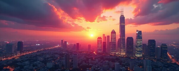 Fototapeta premium A futuristic city skyline at sunset, gleaming skyscrapers reaching towards a vibrant, colorful sky, symbolizing hope and progress for tomorrow , towers, modern