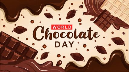 World Chocolate Day. Chocolate bars and splashes and melted chocolate. Great for posters, banners and social media posts. Vector illustration.