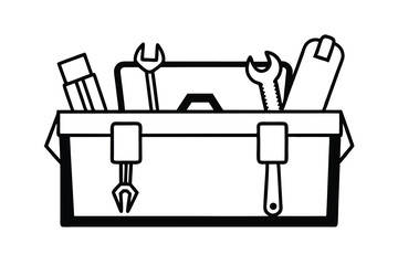 Line art illustration of a tool box with wrenches and tools