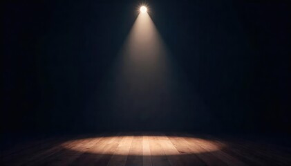 A single, bright stage spotlight illuminates a dark, empty stage, creating a dramatic effect Perfect for theatrical, performance, and entertainment concepts , drama, intense light