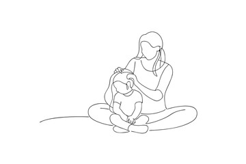 Mother daughter line art sitting together mom fixing hair