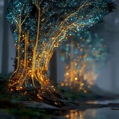 Fantasy forest scene with luminous trees emitting golden and blue bioluminescent trails, reflected in a stream, evoking a magical and futuristic atmosphere.