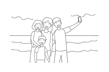 Happy family taking selfie at the beach line art