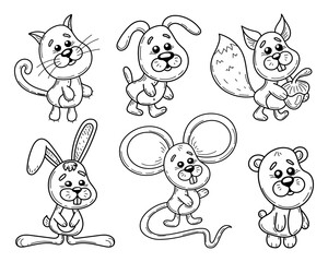Cartoon animals set. Hand drawn doodle vector. Cute cat, dog, squirrel, hare, mouse, bear. Fur fauna. Ears, whiskers, tail. Friendly children's character. Illustration line art group of elements.
