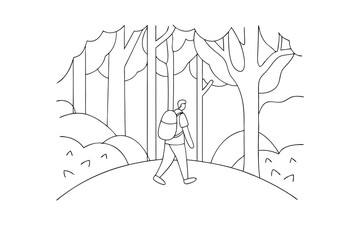 Man hiking through forest line art illustration