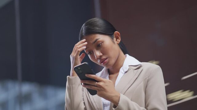Worried Asian businesswoman in formal attire looking at smartphone with concerned expression, touching her forehead. Concept of financial stress, job insecurity, economic crisis.