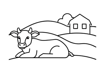 Line art illustration of a cow resting in a farm field