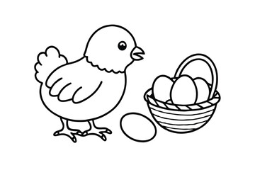 Cute chick with easter eggs in basket line art illustration