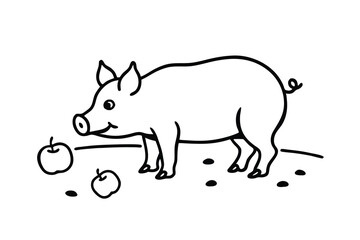 Cute line art pig with apples farm animal illustration