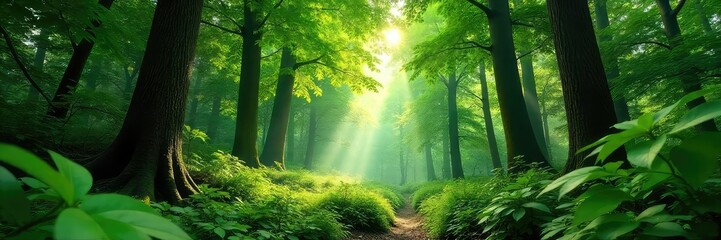 Obraz premium Lush green forest canopy, dappled sunlight filtering through leaves, creating a magical atmosphere Perfect for nature, ecology, and environmental themes , pattern, serenity, texture