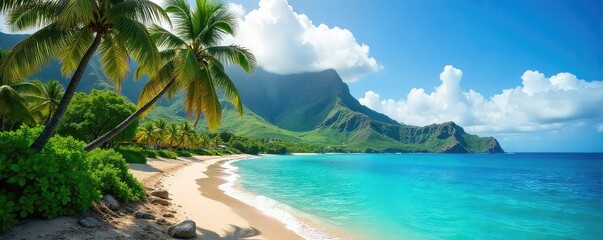 Lush green mountains meet turquoise ocean on Oahu, Hawaii Palm trees sway gently in the tropical breeze, creating a stunning island paradise Perfect for travel and vacation imagery , sky, blue, sand