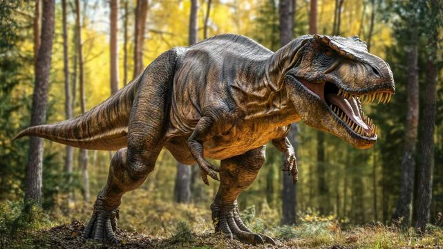 prehistoric big carnivore Dinosaur walking in deep forest	
