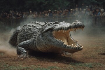 Obraz premium A thrilling scene of a crocodile race where the alligator leads with an open jaw. Spectators look on from stands around dirt ground.