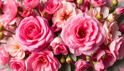 Fototapeta premium Soft pastel floral arrangement featuring delicate pink roses and carnations, blooming flower patterns perfect for wallpaper or elegant wedding card backgrounds, silhouette. with white shades